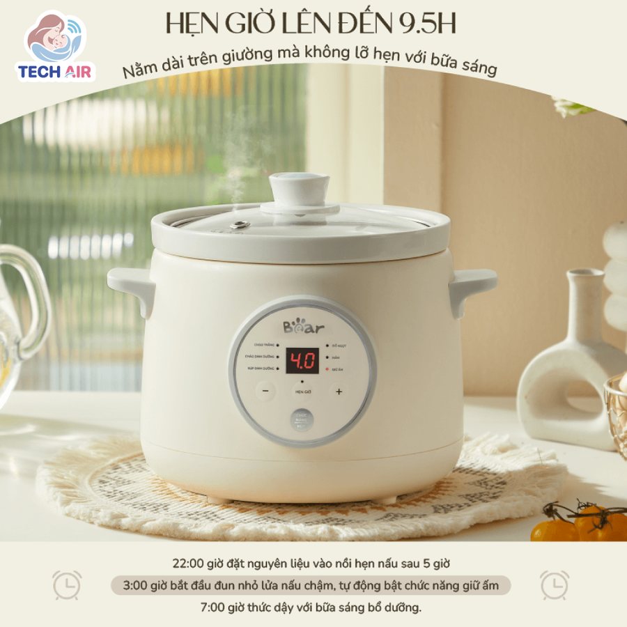 Nồi Nấu Chậm Bear SB-NNC15 1.5L - Hẹn giờ thông minh lên đến 9,5 giờ