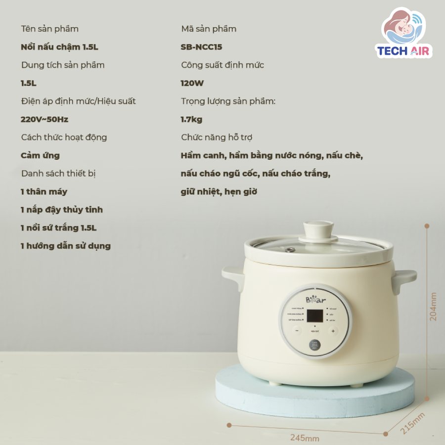 Nồi Nấu Chậm Bear SB-NNC15 1.5L - Thông Số Kỹ Thuật